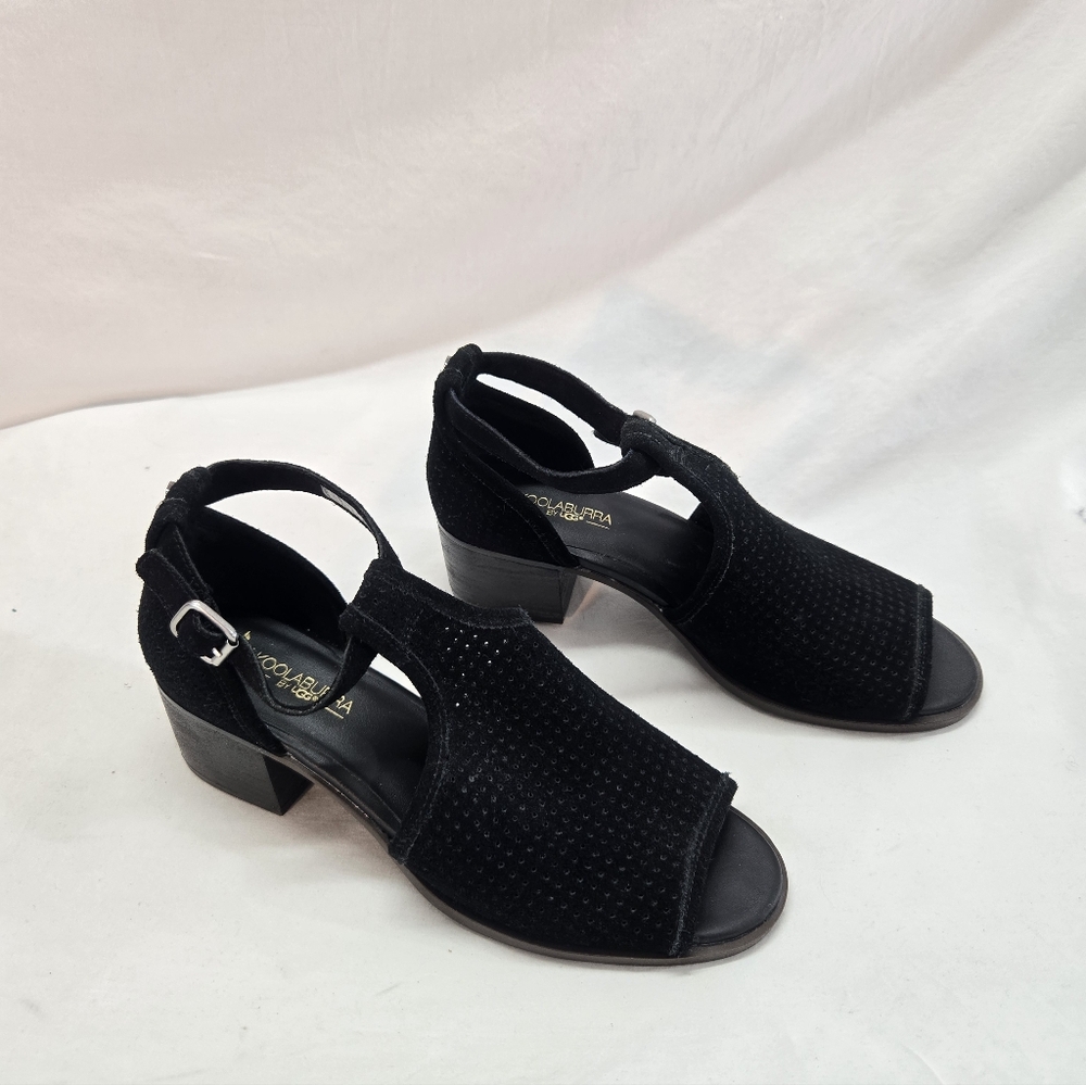 Koolaburra By UGG Women's 9 Black Ashlyn Suede Heeled Peep Toe Sandals Shoes - Picture 2 of 6